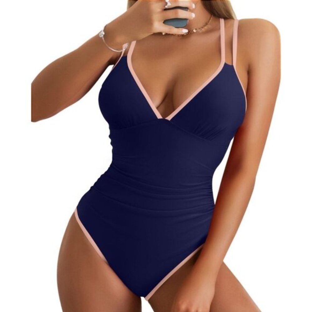 V-Neck Swimsuit Tummy Control Double Straps Crisscross Back Size Large NWT #2193